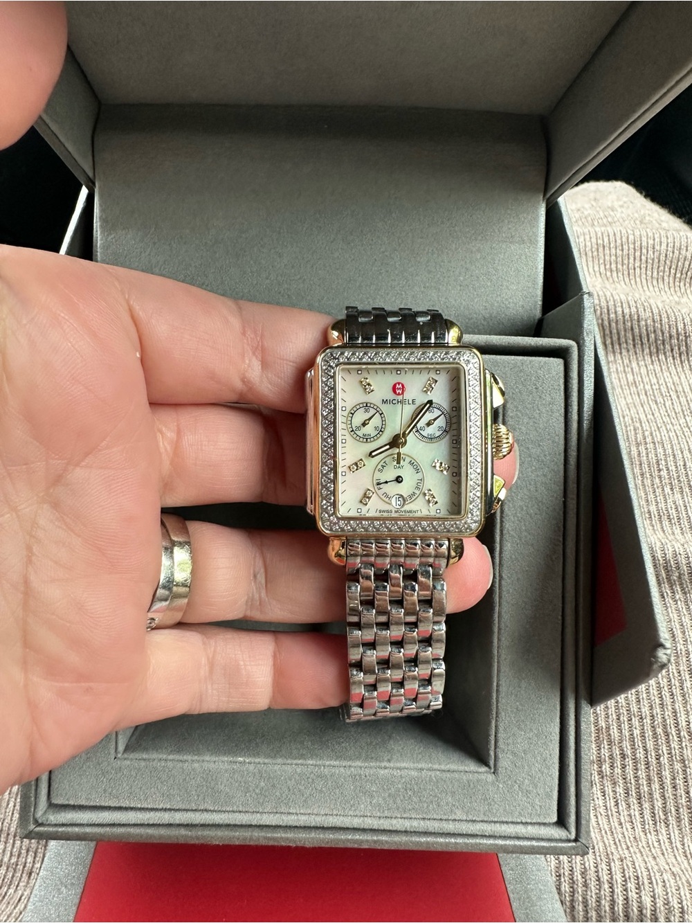 Michele Two-Tone Stainless Steel and Gold Square Diamond-Trim Watch